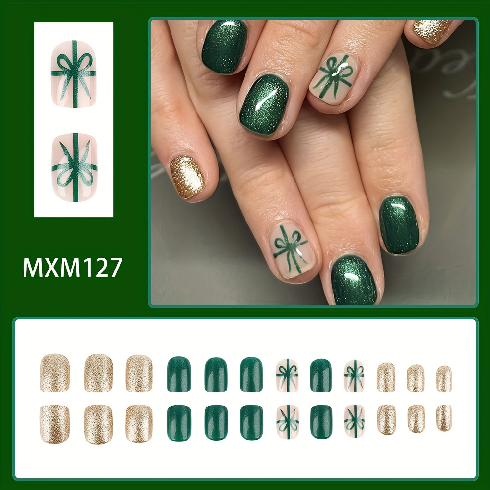 TEMU 24pcs Green & Golden Glitter Press-on Nails Set - Short Square, Design For Holiday , Best For Christmas