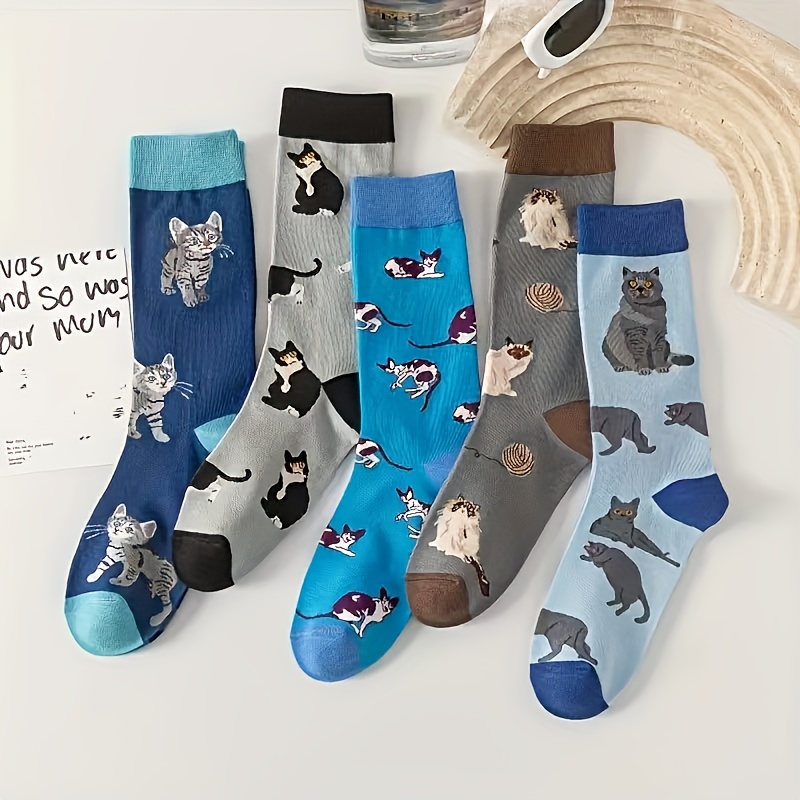 TEMU 5-pack Women's Mid-calf Socks, Cartoon Cat Pattern Socks For Autumn And Winter, Soft And Comfortable For Daily Wear And Home Use