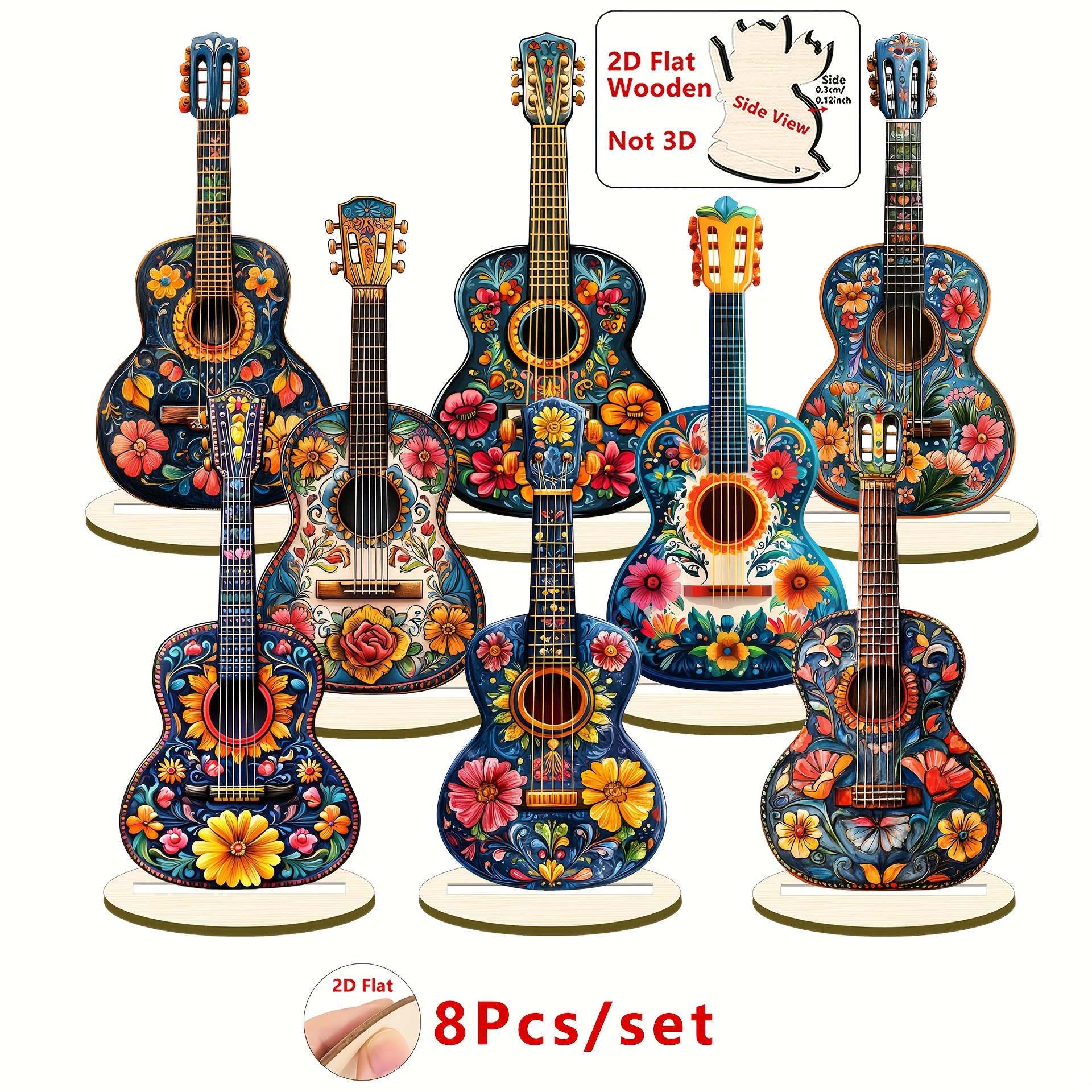 TEMU 2d Flat, 8pcs Vintage Floral Guitar Ornaments - 2d Flat Artificial Wood Decor With Vibrant Mixed Colors, Battery-free Tabletop Centerpieces For