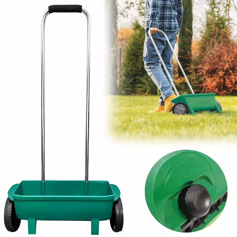 lawn and garden spreader 12l impact resistant plastic housing adjustable distribution rate lawn spreader for grass seed lawn feed fertiliser spreader large wheels 111cm x 57cm x 19cm details 4