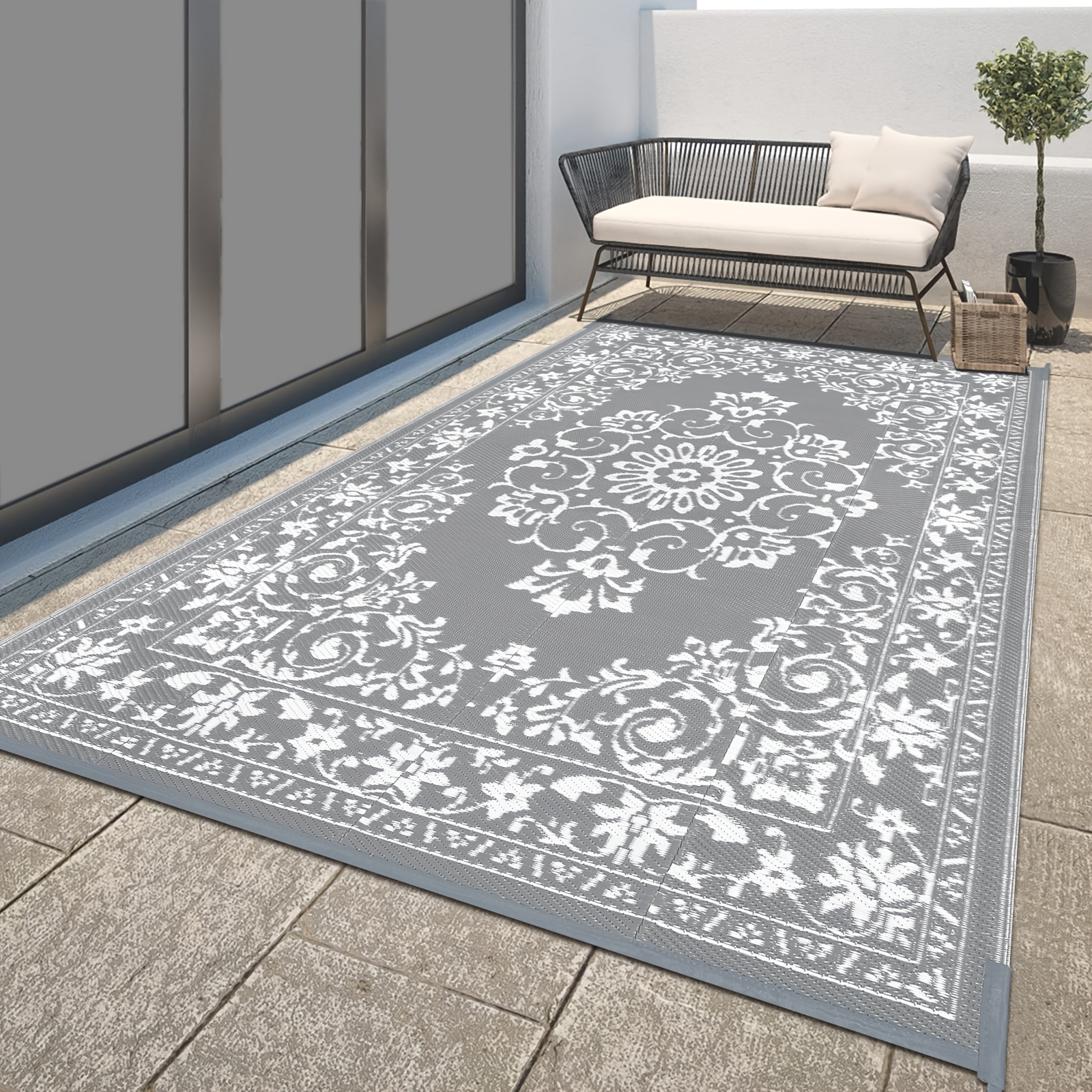Image of Outdoor Rug 180x270cm Balcony Mat Washable Picnic Blanket Reversible Uv Resistant Plastic Straw Outdoor Rug For Terrace Pool, Gray