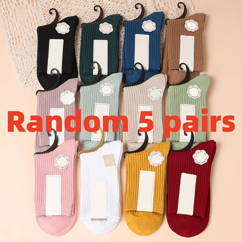Random 5 Pairs Women's Solid Color Mid-calf Casual Vertical Stripe Socks