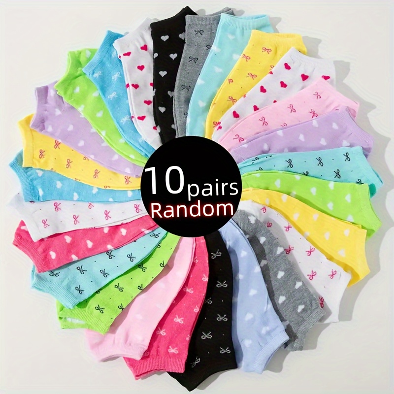 

10 Paires de chaussettes à motif cœur aléatoire avec des nœuds, chaussettes colorées bonbons pour la Saint-Valentin, chaussettes courtes à rayures épaisses et fines.