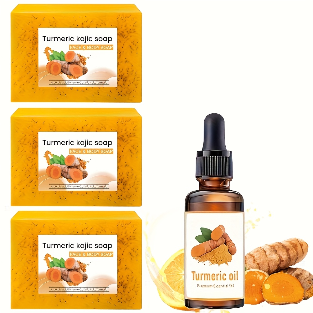 TEMU 3pcs 100g Turmeric Kojic Acid Soap Lemon Kojic Acid Soap Bar Turmeric Soap +30ml Turmeric Essential Oil Serum, Deep Cleansing And Hydrating For