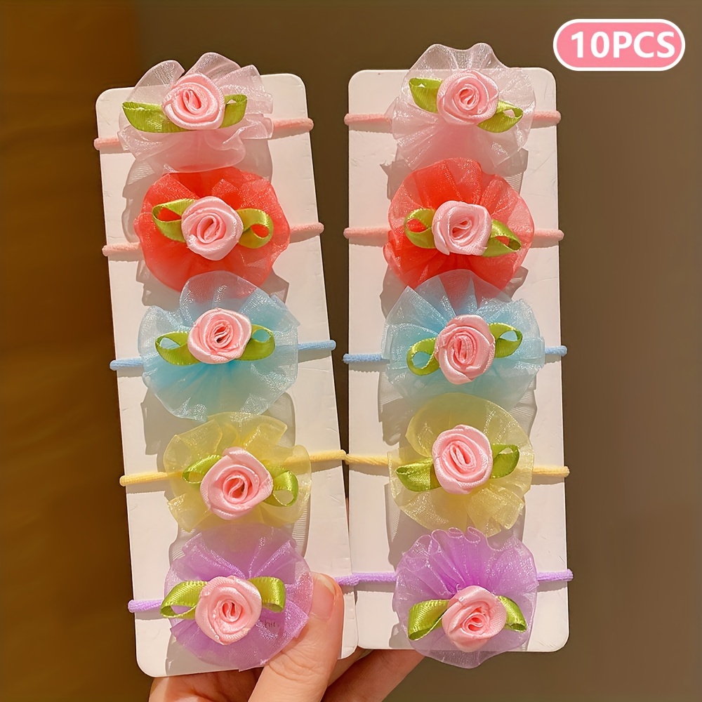 10pcs Floral Mesh Hair Ties, High Elasticity, Hair-friendly, Sweet And Versatile