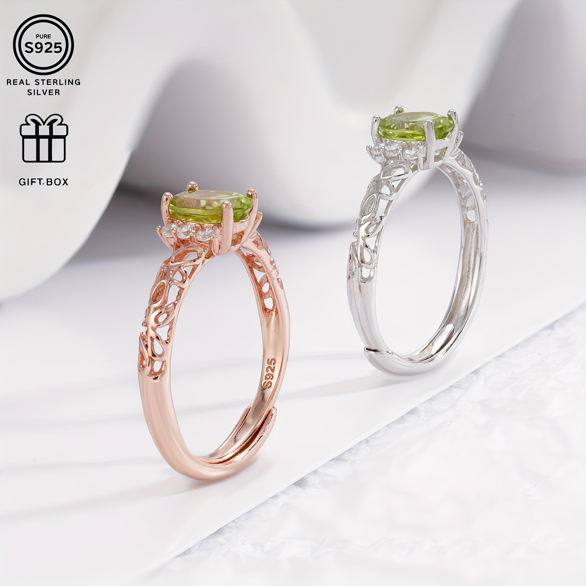 925 Silver Ring w/ Natural Gemstone Plated Hollow Pattern Lightweight