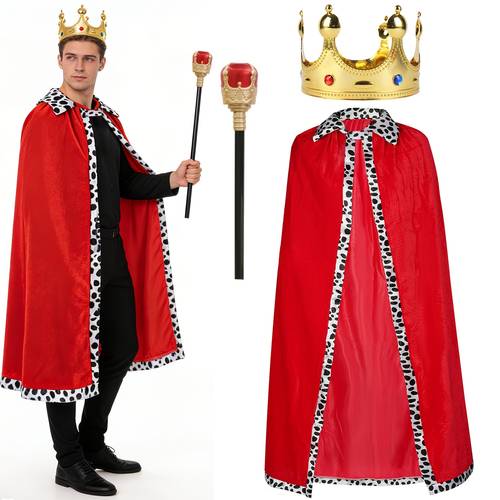 3pcs king costume set 3pcs party outfit with 90cm 130 cape queen velvet robe scepter for men women celebrations dress up cosplay halloween birthday day carnival role playing