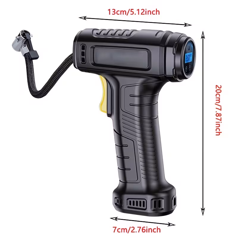 a compact air compressor for inflating tires this cordless perfect for cars motorcycles and bicycles it features pressure gauge and an led light making it ideal for tires and balloons details 0