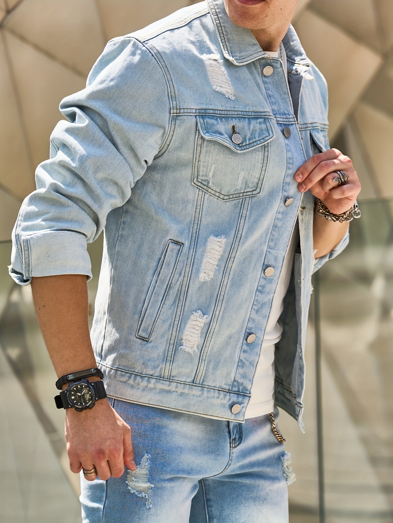 Men ripped solid denim jacket best sale