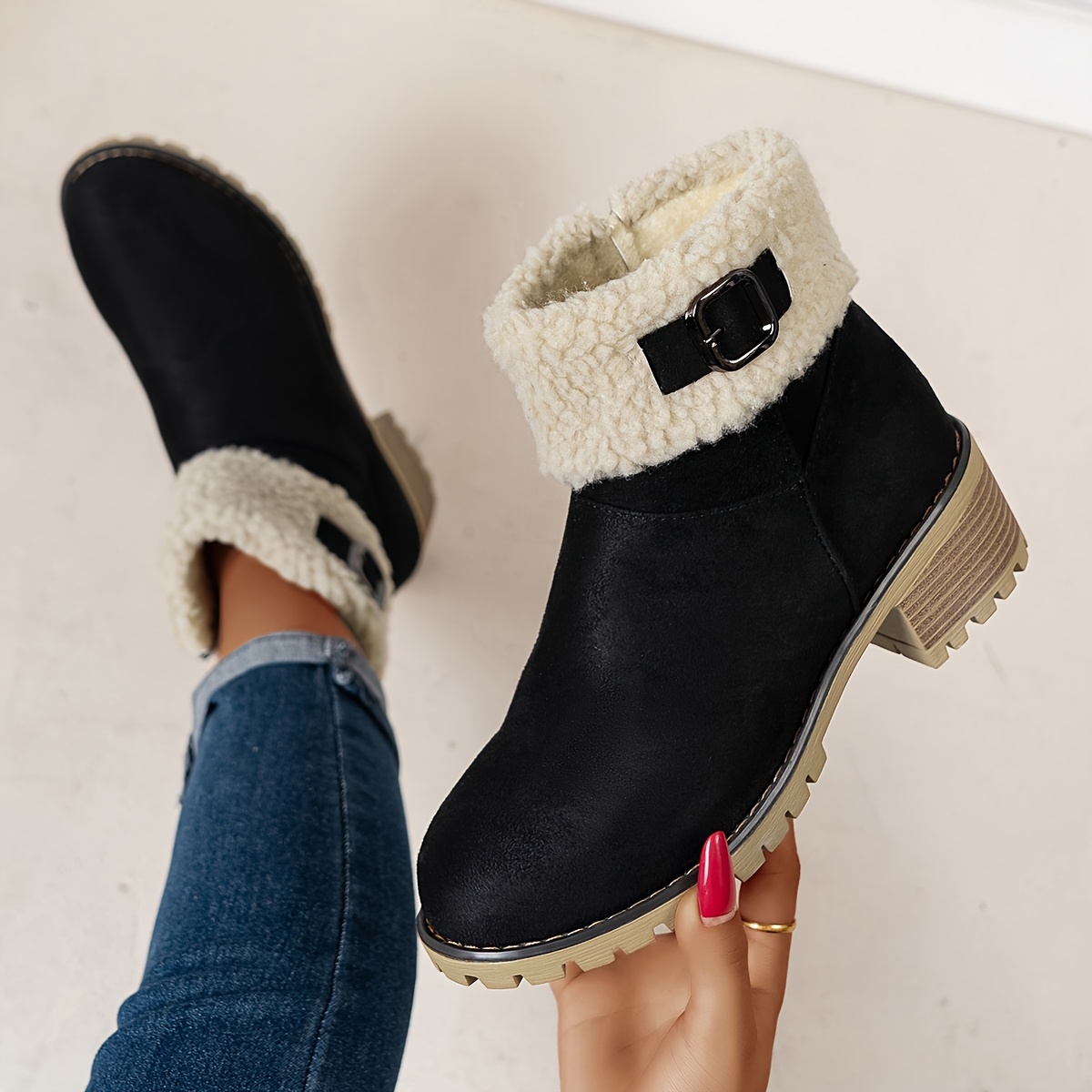 chique & comfortabele dames enkellaarsjes - warme khaki, zwart & beige winterlaarzen met fleecevoering | ronde  , antislip   voor casual & kantoor | met vetersluiting,    , instaplaarzen 3
