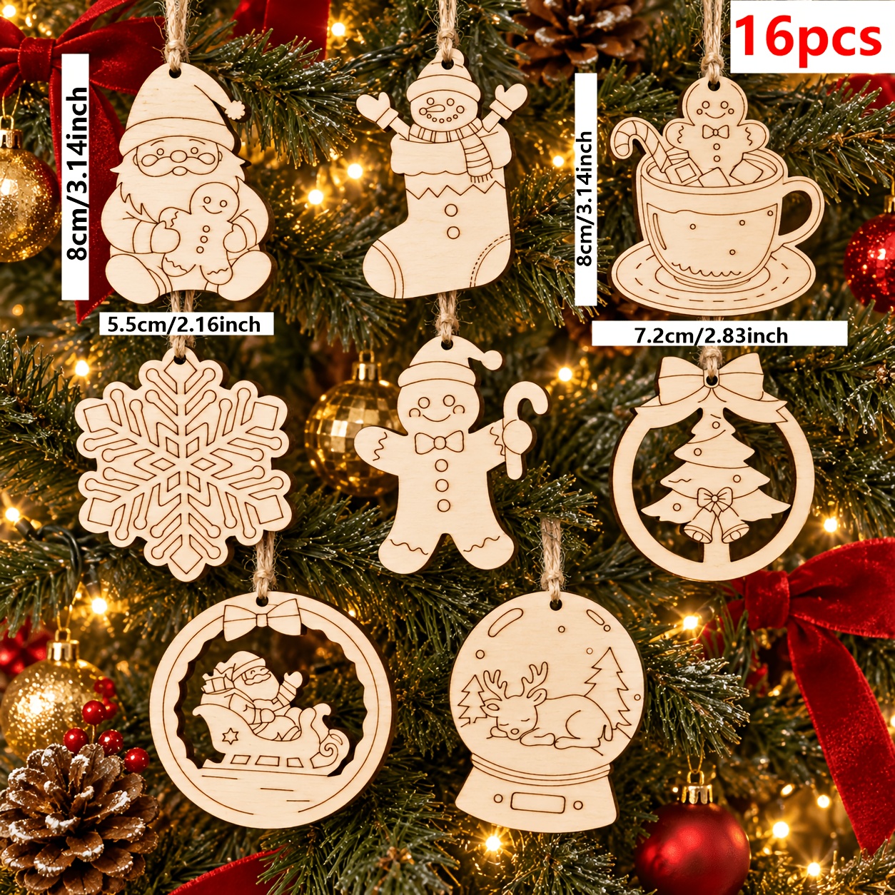 TEMU 16 pezzi Serie Natale in legno, Albero di Natale, Calzini, Sfera di , , Ornamenti a forma di di , Fette di legno, Decorazioni in legno a tema