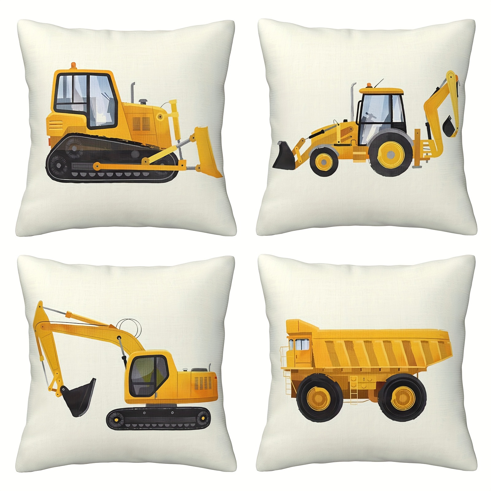 

4pcs Set Of Construction Trucks Printed Linen Blend Throw Pillow Covers - Zippered, Easy-care Cushion Cases For Modern & Farmhouse Decor, Perfect For Sofa, Bed, And Car