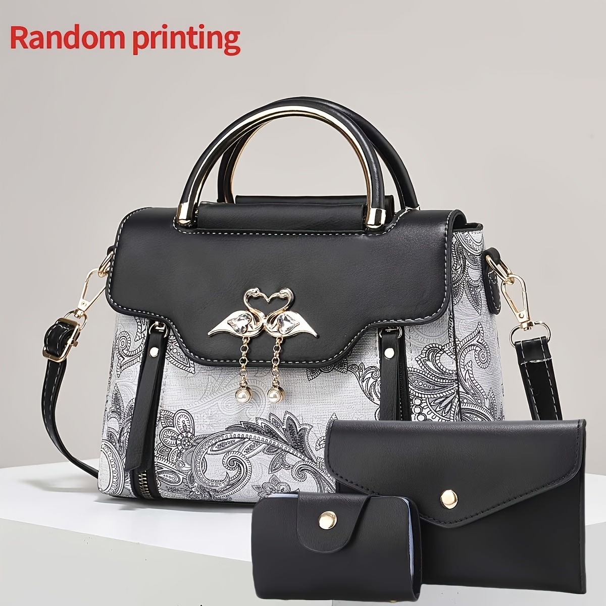 3pcs Women's Handbag Set, Swan Decor Top-Handle Tote Bag with Card Holder &amp; Purse, Elegant Crossbody Shoulder Bag, Pink Synthetic Leather &amp; Letter Print, Casual &amp; Party Use image 5