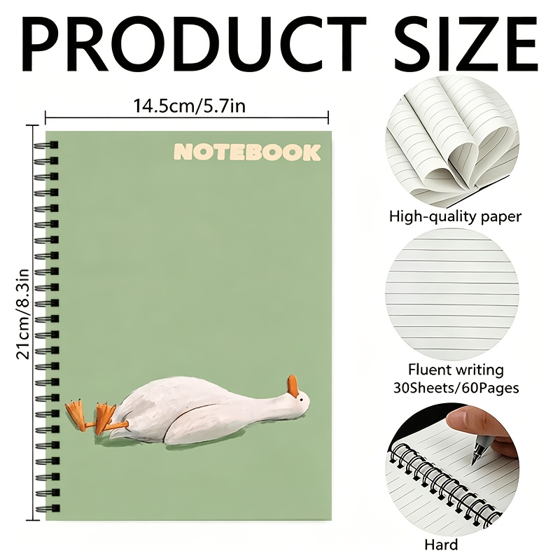 TEMU 1 Cute Lazy Duck Spiral Lined Notebook, With A Total Of 60 Pages, Coil Binding, Adorable Animal Design, Suitable For School And Office Use, A