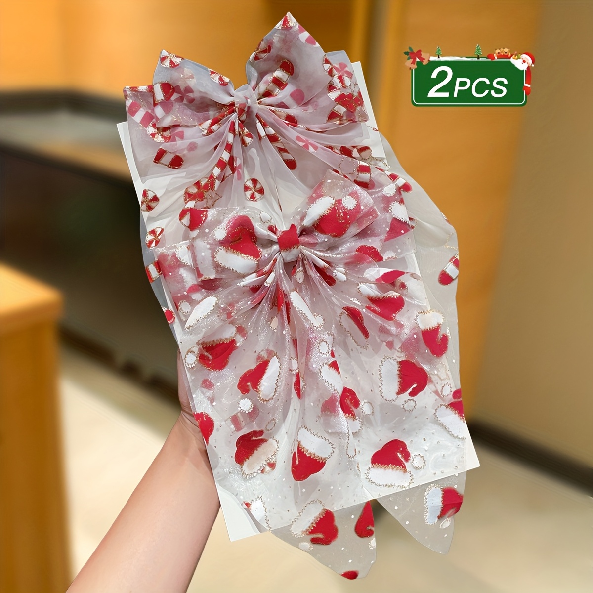 TEMU 2pcs Of Women's Christmas Bow Hair Clips, Sweet And , Female Hair Additions, Large Hairpins Featuring Christmas Stockings And Candy Cane