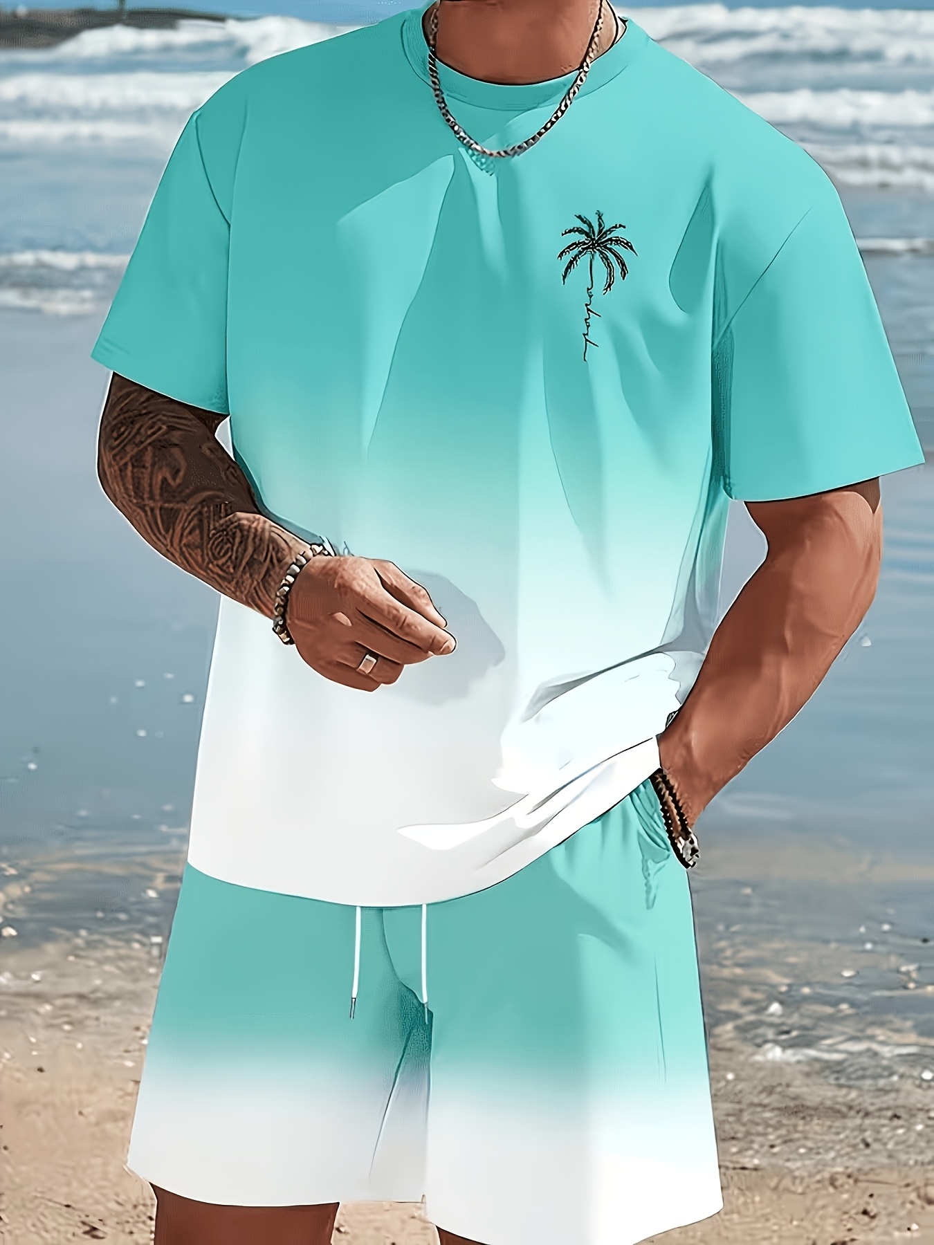 2er-set herren freizeit sport outfit, hawaiianischer farbverlauf, rundhals kurzarm t-shirt und shorts mit elastischem bund,   für sommer outdoor aktivitäten