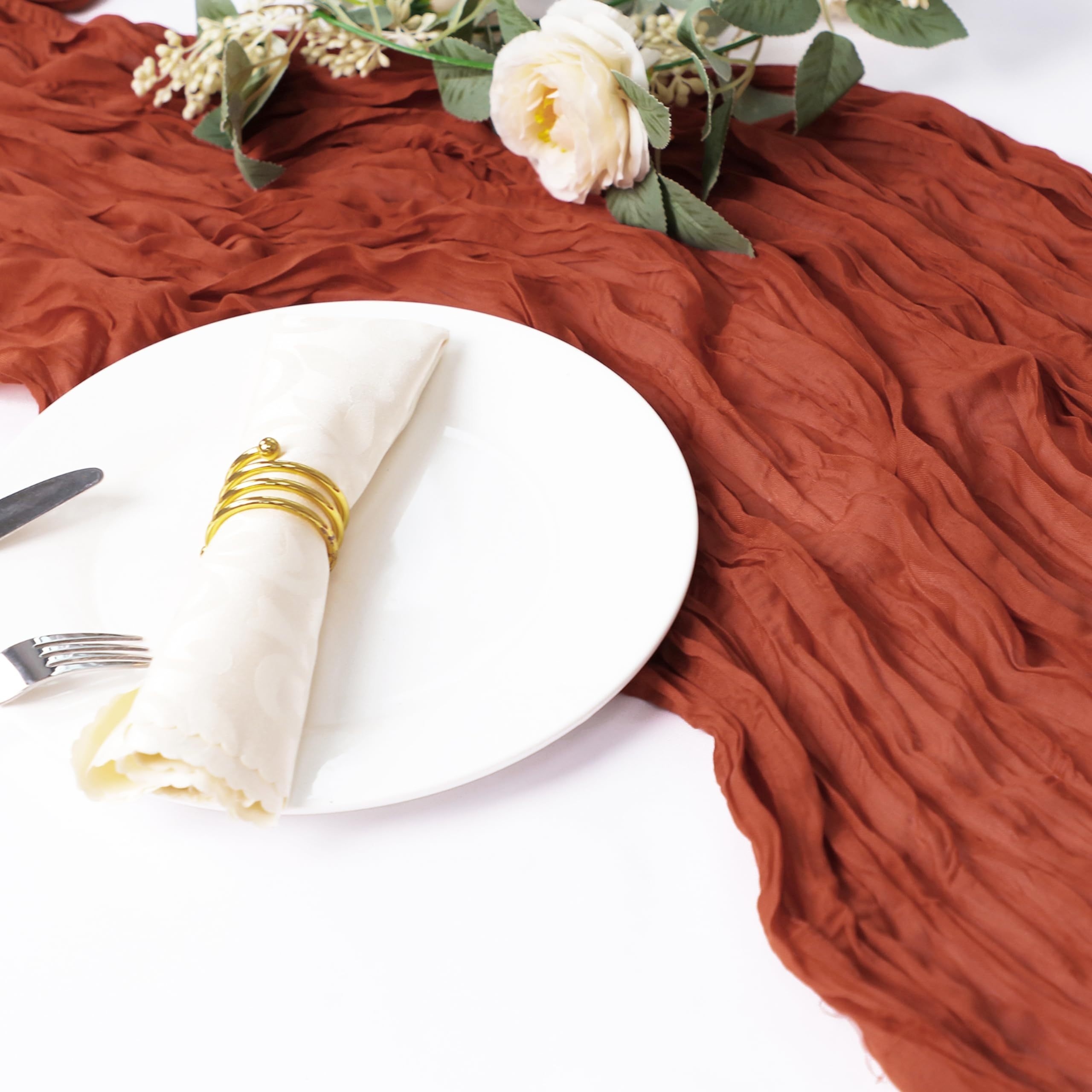 

1pcs, Table Runner, Terracotta Cheesecloth Table Runner, Rust Boho Gauze Table Runner, Burnt Orange Wedding Decoration, For Reception, Bridal Shower, Centerpieces