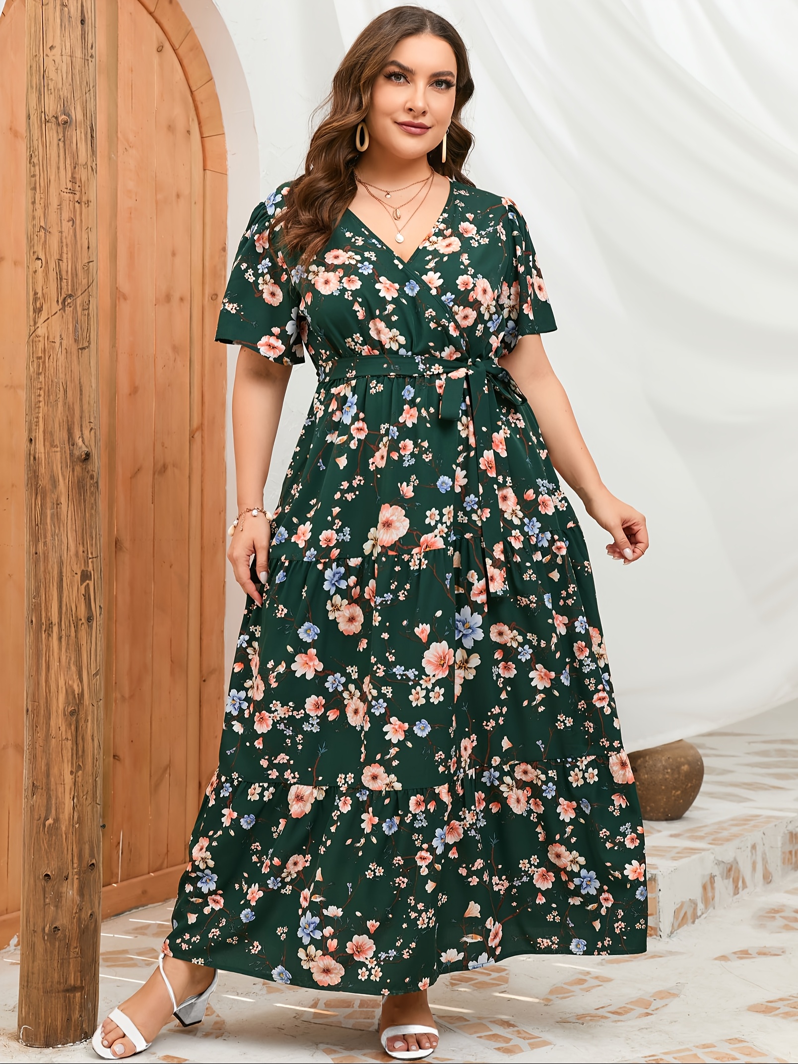 green dress with white Women's Under Swaying Palms Ivory & Green Tropical Flutter Maxi Dress | Size: S