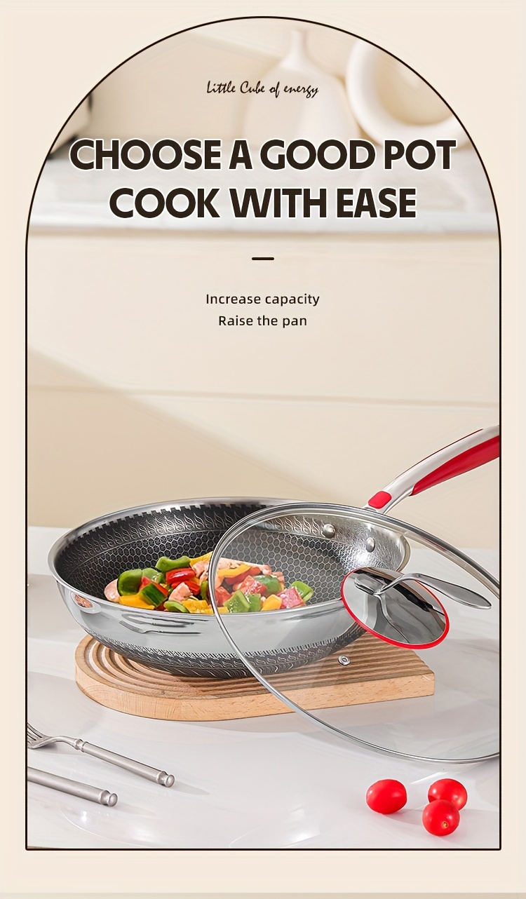 1pc 304 stainless steel wok 3 layer thickened large capacity   easy to clean non slip handle compatible with all stoves dishwasher safe multi purpose cooking ideal for stir frying simmering steak   home kitchen use details 2