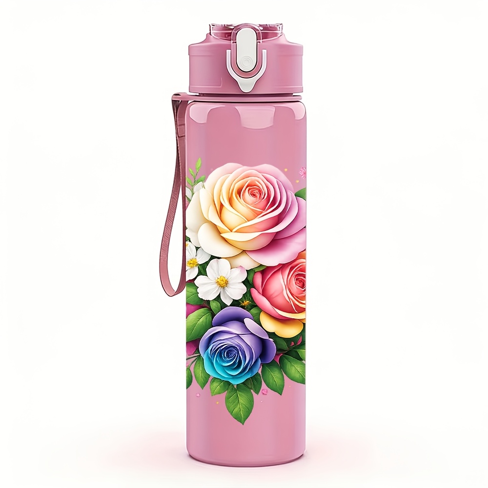 TEMU 1pc Pinkish-purple Rose Mixed Bouquet Gentle Floral Print, 750ml/26oz Multicolor Plastic Sports Water Bottle, Travel Cup, Cute Printed Design,
