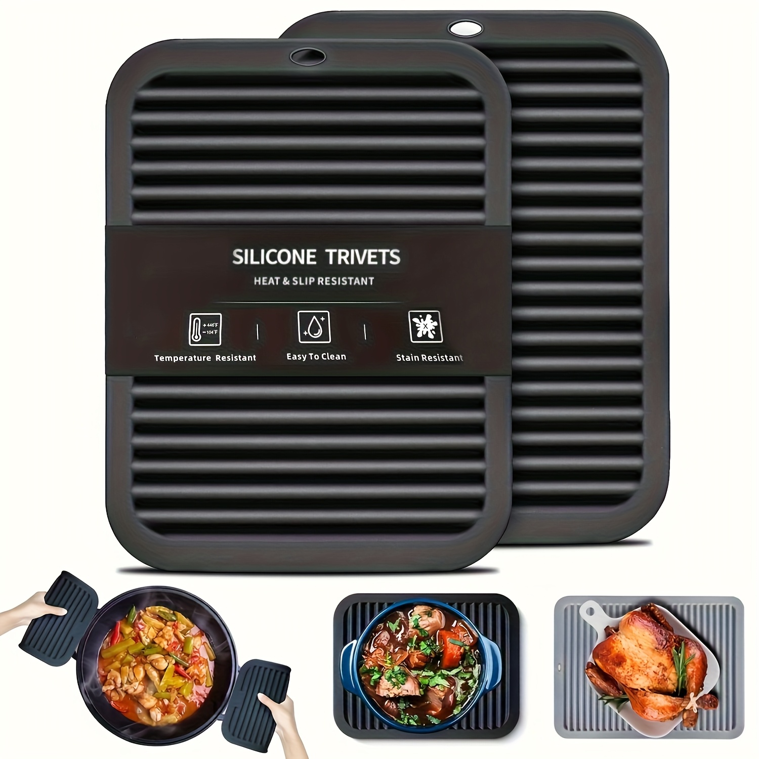 

2pcs Silicone Trivets For Hot Dishes - 12x9 Inch, Heat Resistant Up To 446°f, Kitchen Counter Mats In Grey/black