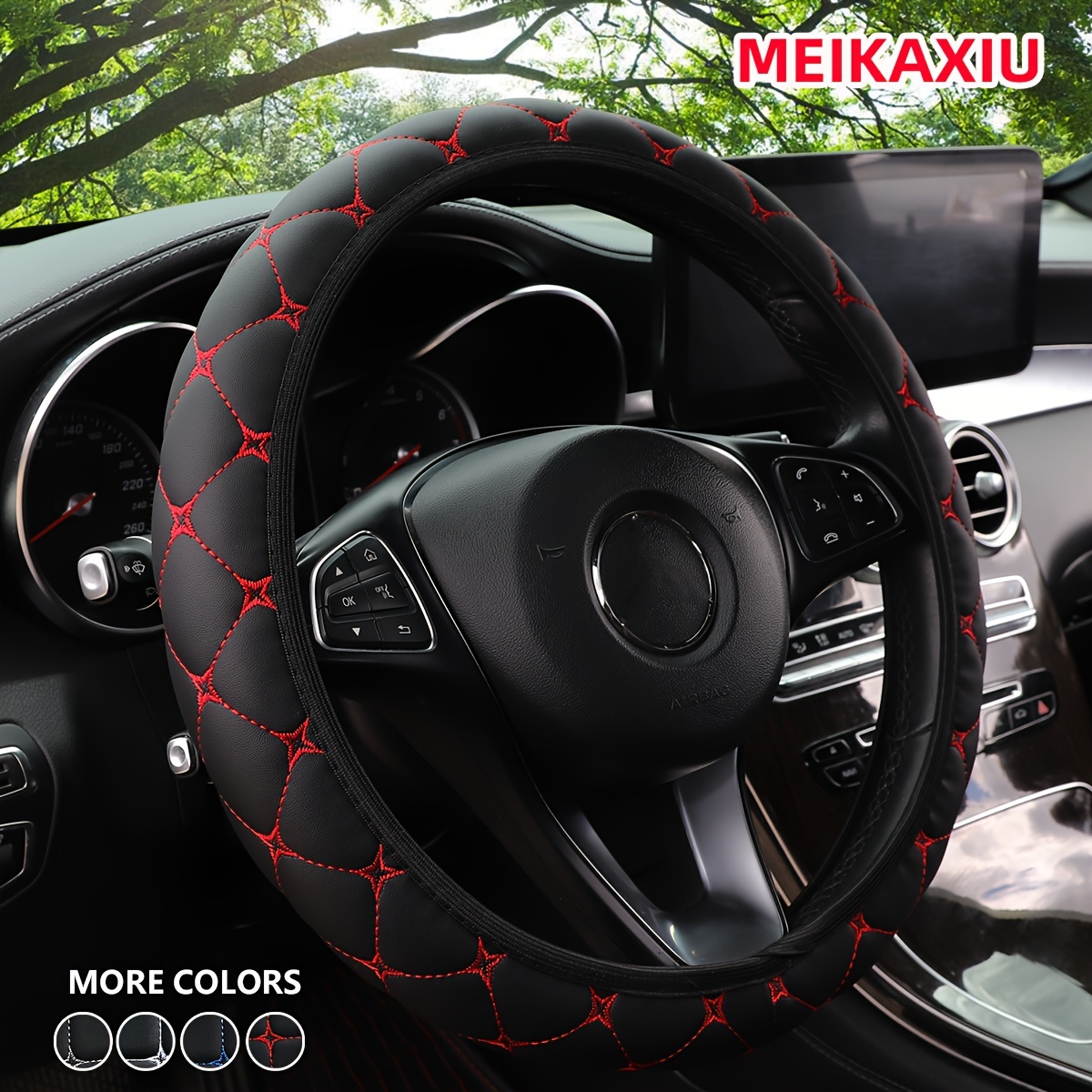 

1pc Meikaxiu Embroidered Grid Pattern Leather Steering Wheel Cover, Grip, Universal Fit For 15-inch Steering Wheels, Car Interior , Suitable For Men And Women