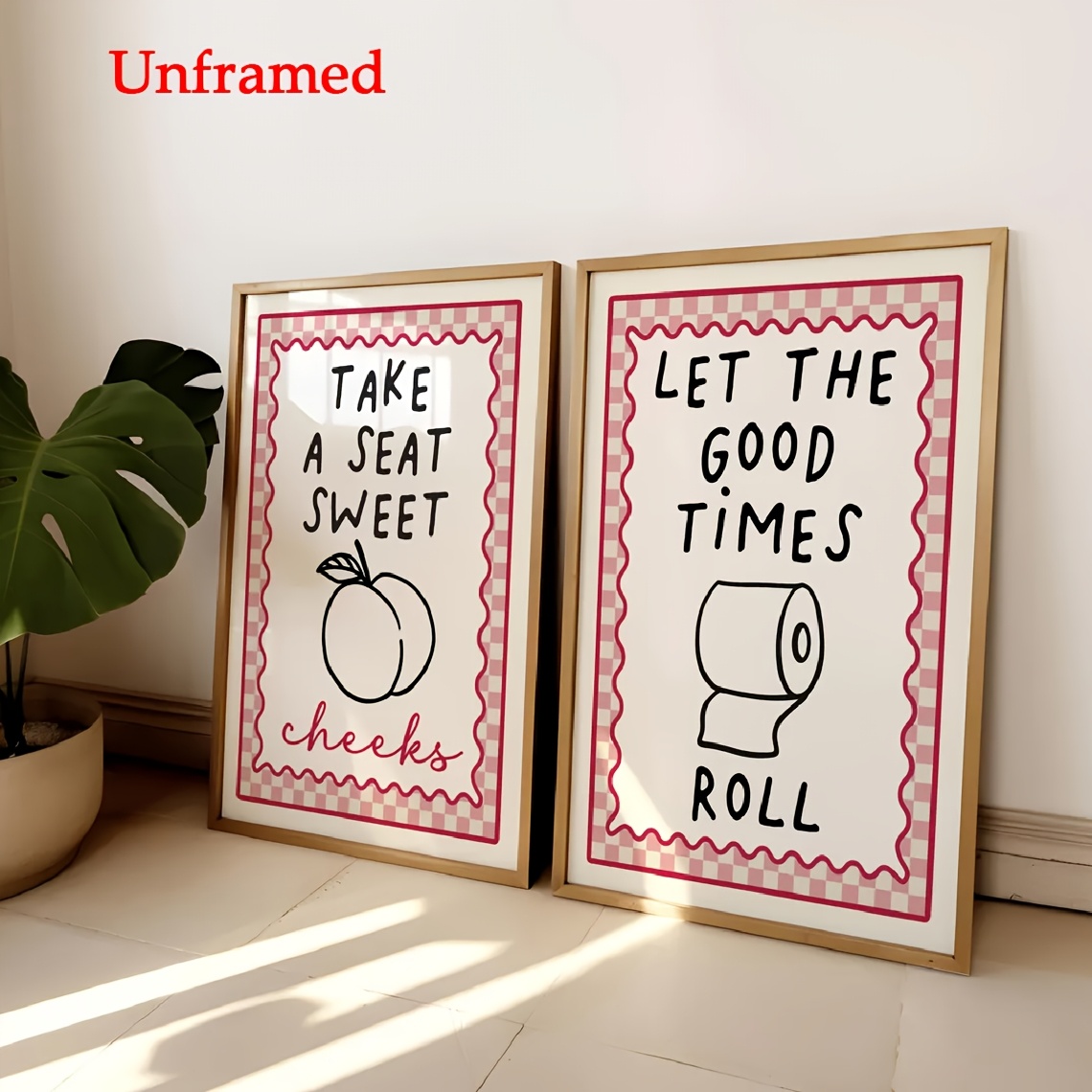 E-shop 2D Flat, 2D Flat, Kollektion aus zwei, Humorvolle Wandkunst für das Badezimmer, mit rosa Toiletten-Zitate, ideal zur Dekoration Ihres