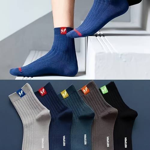 5 pairs of breathable mens trendy letter pattern crew socks comfy casual socks for outdoor wearing