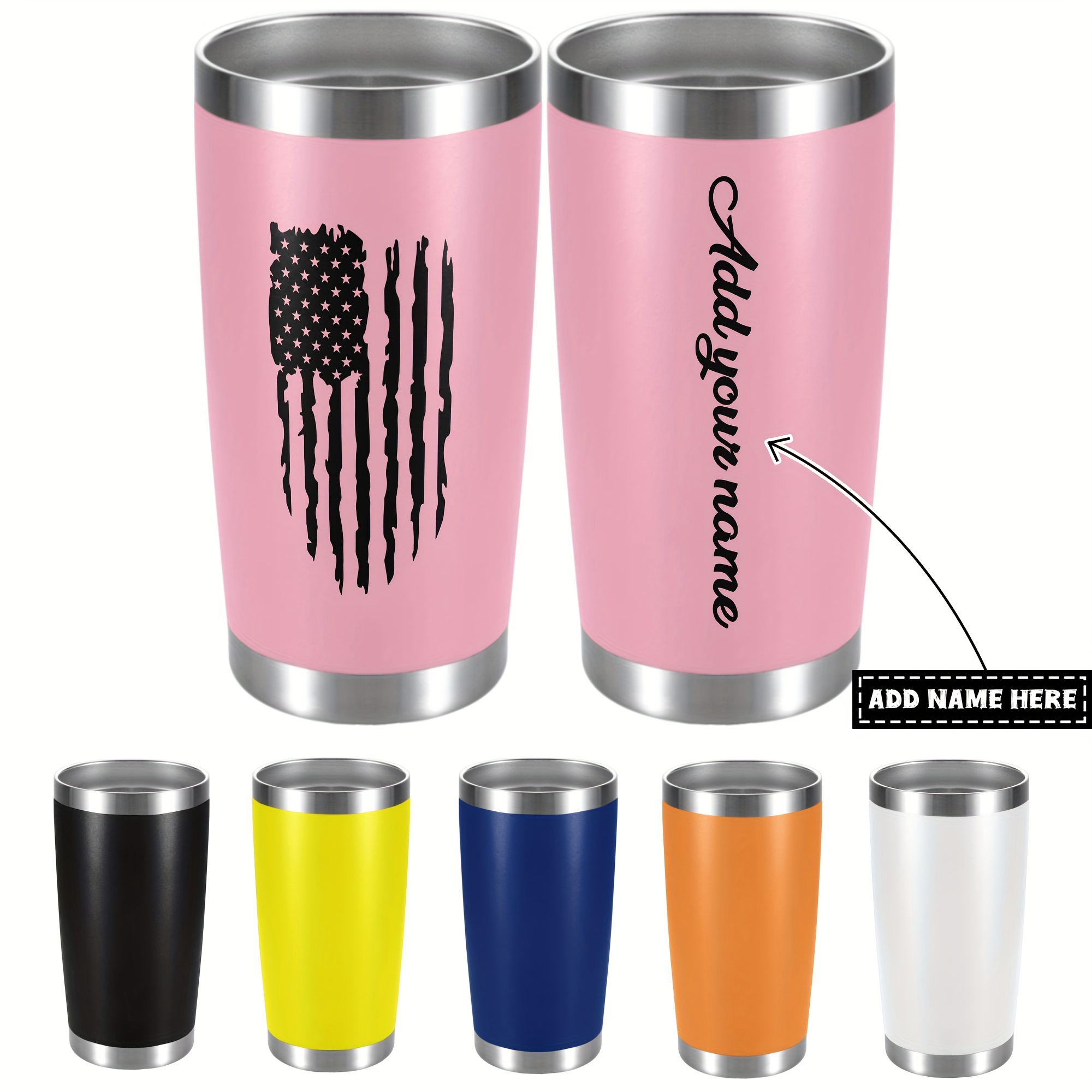 

1pc Customizable 20oz Metal With American - Personalized Name & Text, Bpa-free, Shatterproof Travel Mug In Pink, Black, Yellow, Blue, Orange, White - Ideal Holidays & More