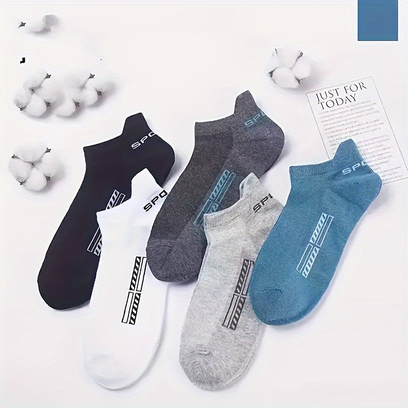 5 Pairs Unisex Alphabet Pattern Athletic Ankle Socks, Breathable Mesh Knit Fabric, 100% Polyester Sports Low Cut Socks for Men and Women