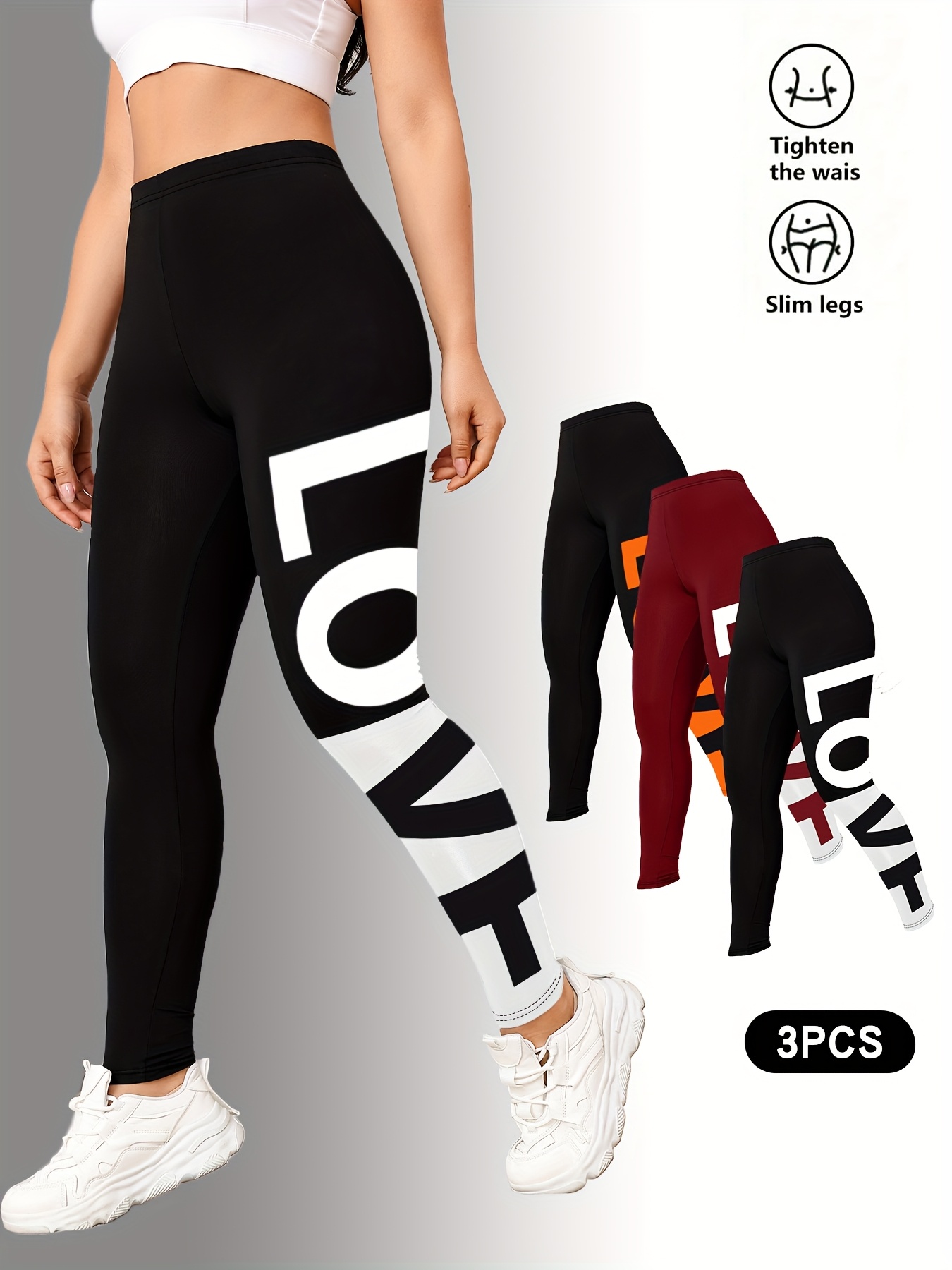 3-Pack Women'S Mid-Rise Running Leggings Workout Athletic Pants with Letter Love Print Yoga Base Layer