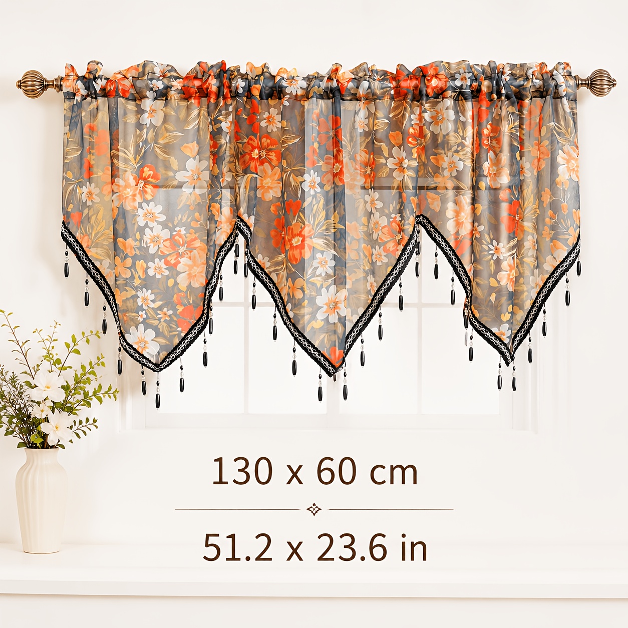 TEMU 1 pièce Cantonnière de rideau voilage vintage à dentelle noire et motif avec pompon et passe-tringle, convient pour la décoration de cuisine,