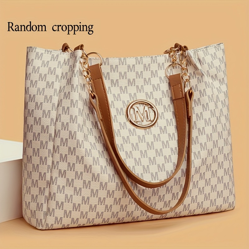 Image of Women's Fashion Retro Letter Print Large-capacity Shoulder Bag, Random Cutting Of Fabric Print, Fixed Shoulder Strap, Perfect For Daily Use And Office Commuting