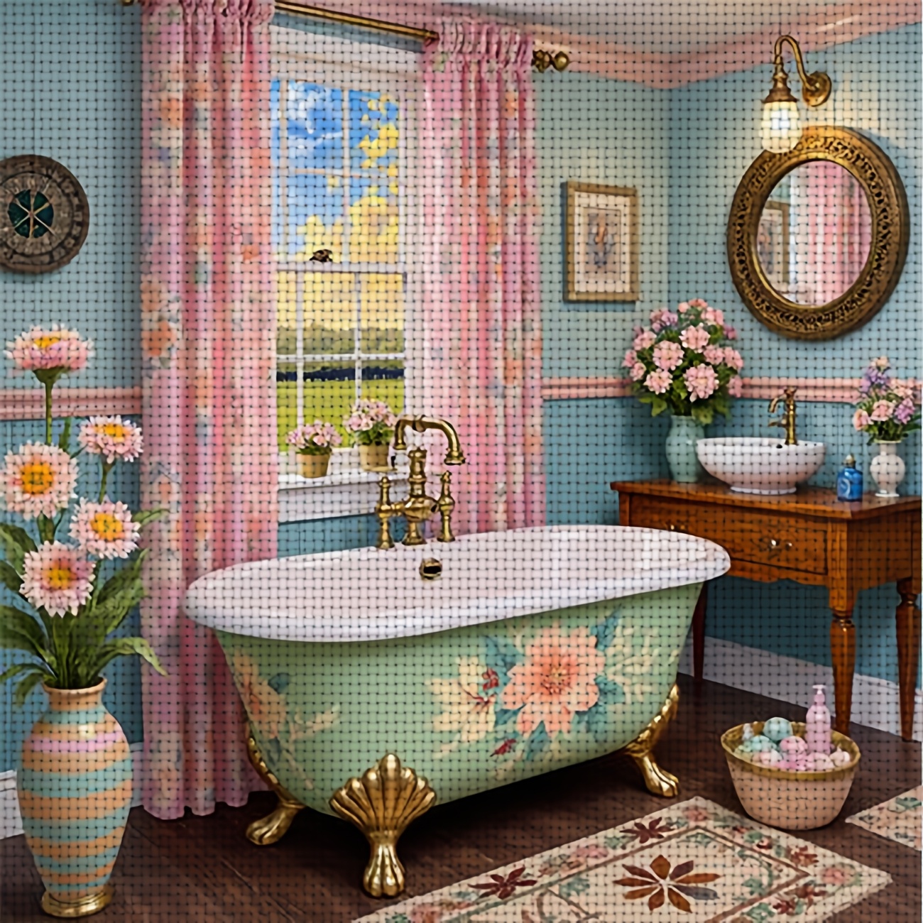 TEMU Kit de punto de cruz para imprimir de 1 pieza, sin , con "Baño con bañera de flores". para de manualidades relajante de principiantes,