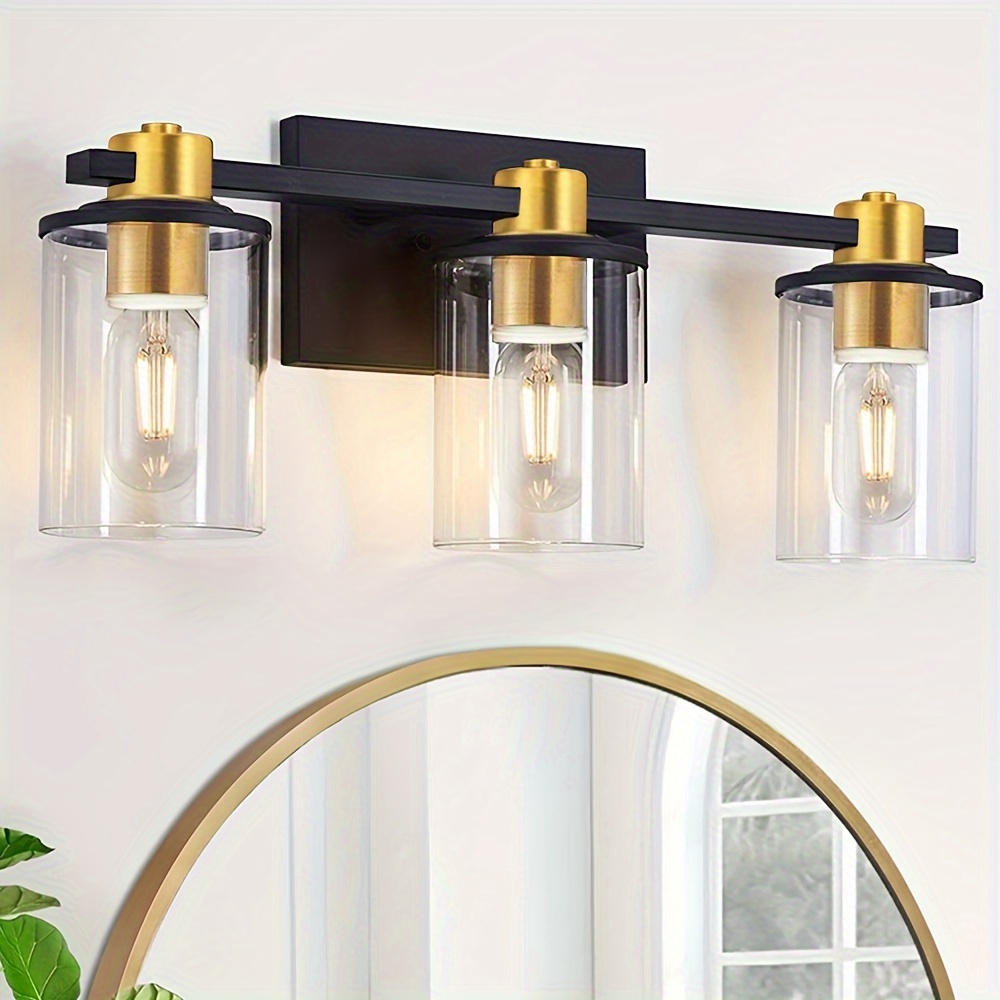 TEMU 3 Light Black And Golden Bathroom Vanity Light Fixtures Over Mirror, 4 Light Modern Electroplating Polishing Wall Sconce With Glass Shade, Mid