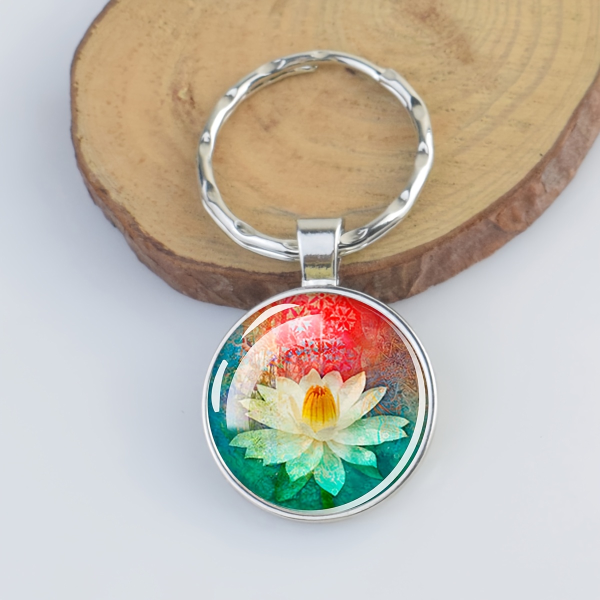 Colorful Background Glass Dome Key Ring Keychain, 3pcs