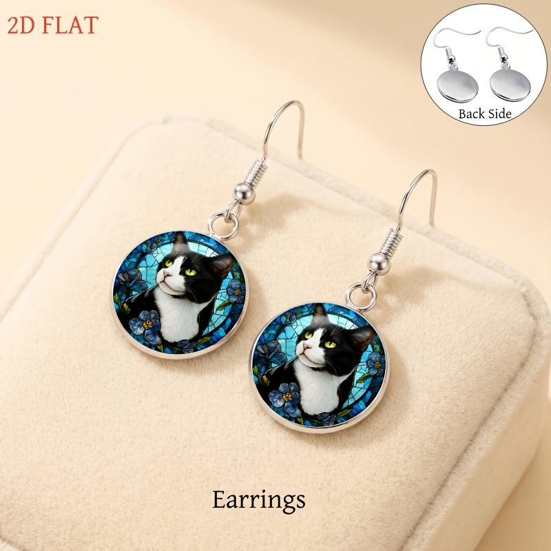 5pc Black & White Cat Jewelry Set with Blue Flower Round Glass Top