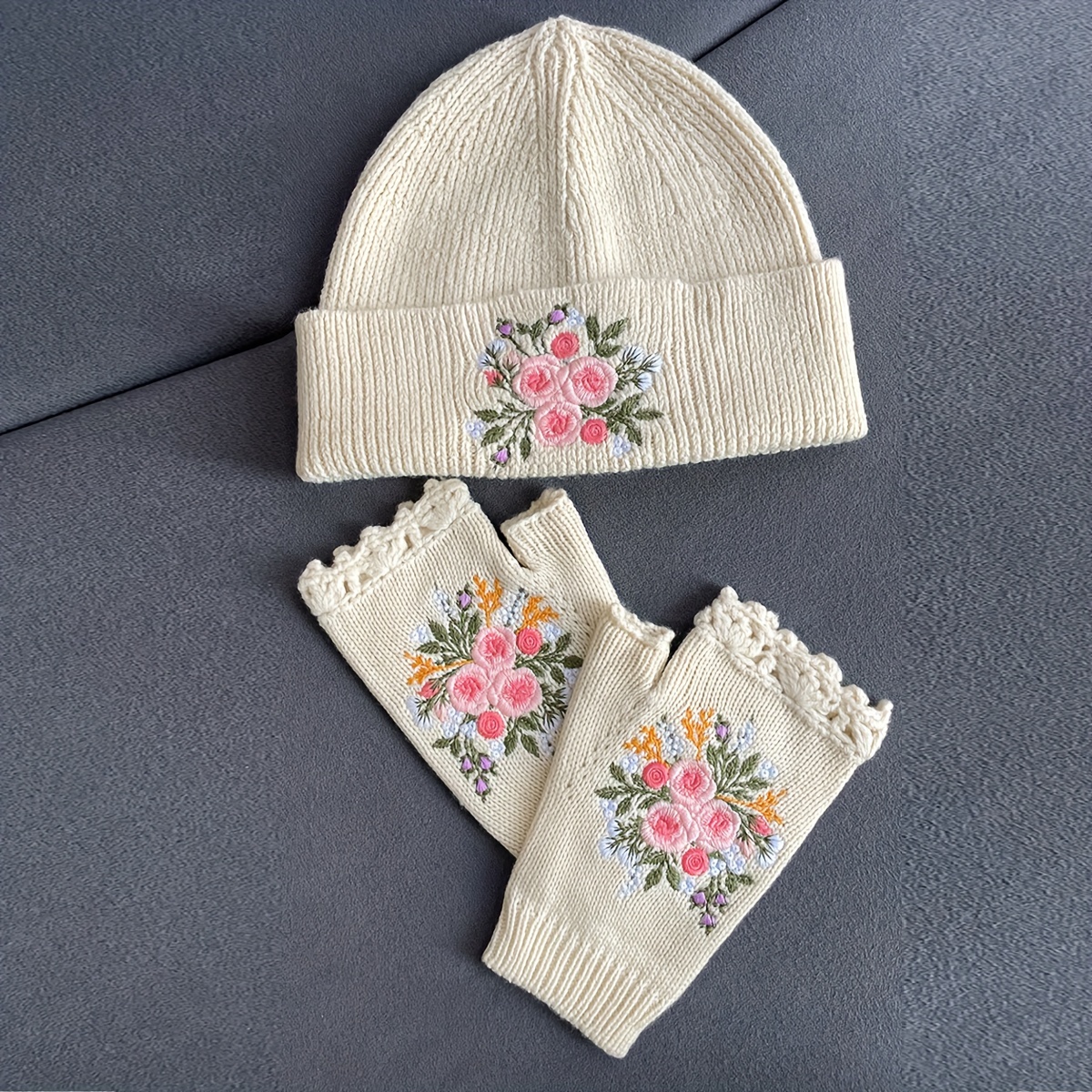 

1 Set Elegant Floral Embroidered Knit Beanie And Fingerless Gloves For Women - Acrylic Fleece, , Warm And Decorative For Casual