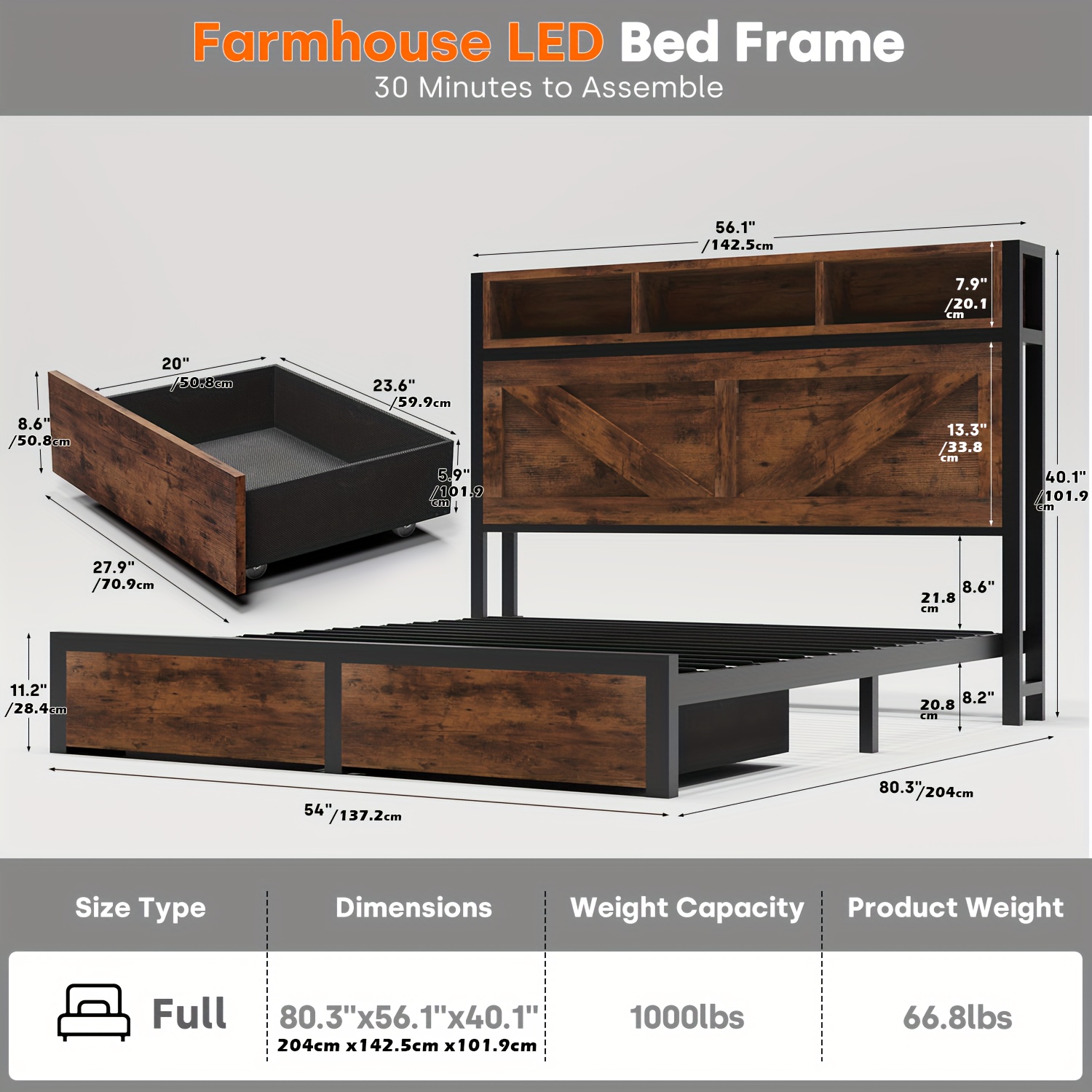 Modern Farmhouse Bed Frame with Storage Headboard & Underbed Drawers, Built-In Charging Station & LED - Heavy-Duty Metal Platform Bed, No Box Spring Needed, Noise-Free Low-Profile Design for Queen/King Size Beds - Image 4