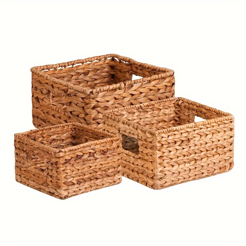 

3pcs Square Nesting Water Hyacinth Wicker Baskets With Handles - Perfect For Hand Towels In The Bathroom, Cables And Devices In The Office