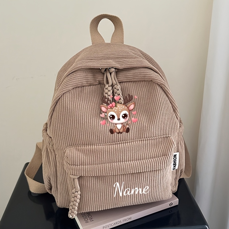 TEMU Custom New Cute Cartoon Deer Print Plush Backpack, Personalized Name Or Holiday Message, , Etc. Nylon Plush Fabric, Zipper Closure Fashionable