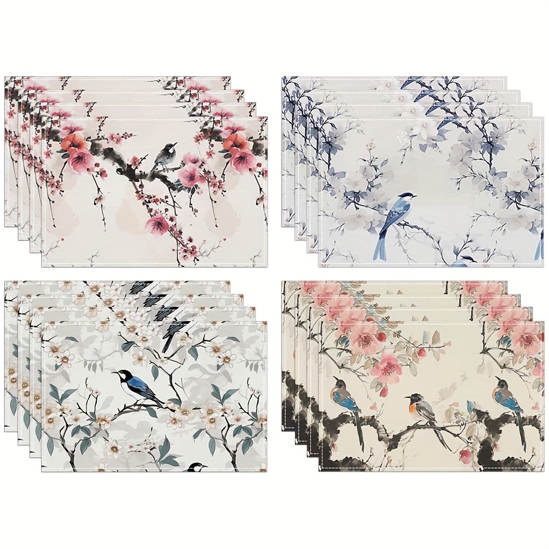 

Jit Set Of 4 Bird And Flower Themed Polyester Placemats, Machine Washable Woven Dining Table Mats, Rectangular Cork Coasters, 12x18 Inches.