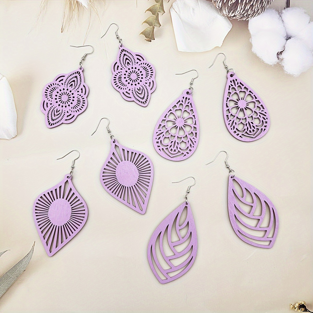 

4 Pairs Bohemian Vacation Style Wooden Earrings Set, Hollow-out Bright Purple Geometric Dangle Earrings, Versatile Trendy Elegant Ear Accessories For Women