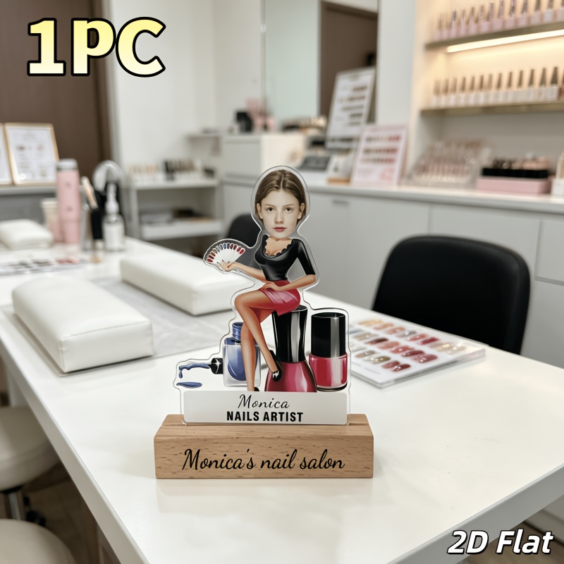 TEMU 2d Flat 1pc Custom Nail Artist Acrylic Ornament, Personalized Photo Portrait, Customizable Name Text, Desktop Nameplate, Wooden Base With