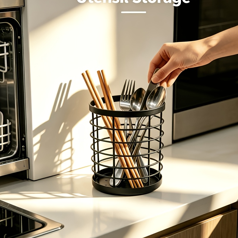 TEMU Cast Iron Minimalist Tableware Rack, Polished Metal Storage Box With Drain Holes, Wall Mounted Chopstick And Cutlery Organizer, Durable Kitchen