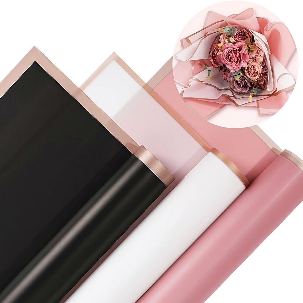 TEMU Of Floral Wrapping Paper, Flat-folded, In Pink, Black, And White, Waterproof, Designed For Bouquet Packaging With A Rose, Double-sided Florist Paper Suitable For Weddings And Birthdays