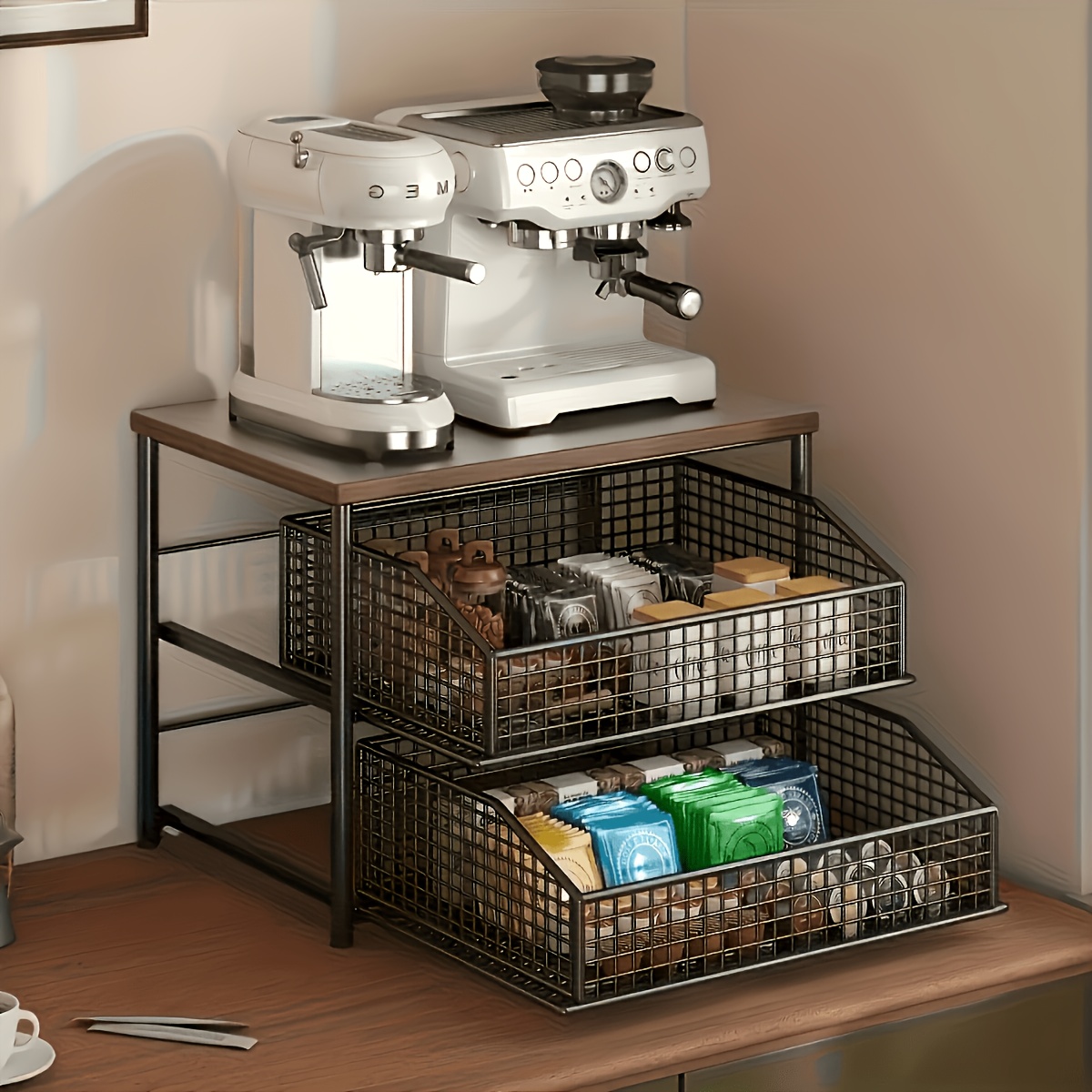TEMU Double-layer Kitchen Countertop Storage, Thickened And Stable Thickened Storage Rack With Shelves And Hidden Storage Spaces, No Installation