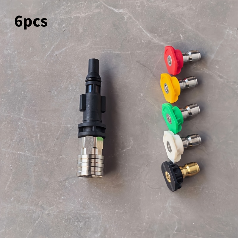 TEMU High-pressure Washer Adapter With 1/4" Quick-connect Fitting For Water Gun, Includes 5 Washer Nozzle Heads And A Nozzle Storage Compartment.