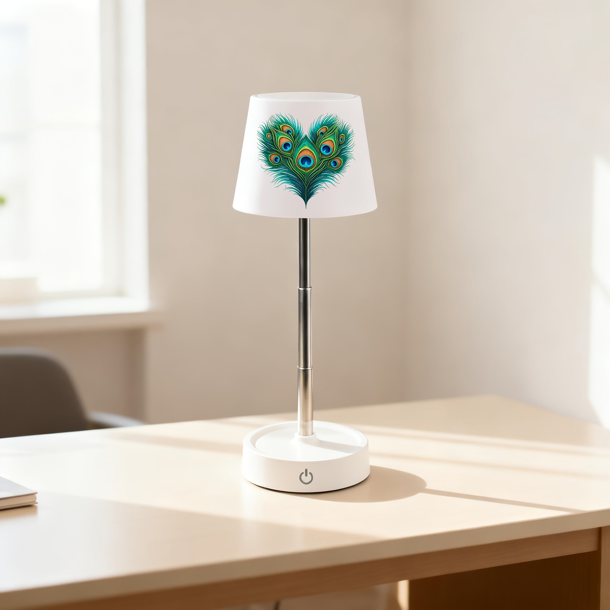 Peacock Feathers Heart Print Desk Lamp, Height Adjustable & Dimmable