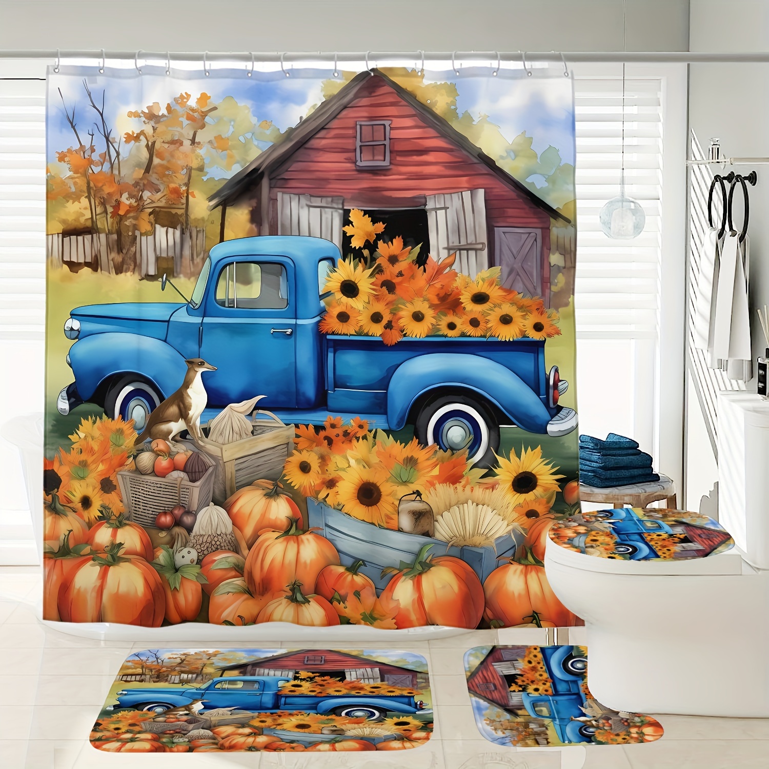 

Autumn Pumpkin & Sunflower Series Pattern Digital Printed Waterproof Shower Curtain, Toilet Seat, And Bath Mat Set - Modern Home Bathroom Decoration